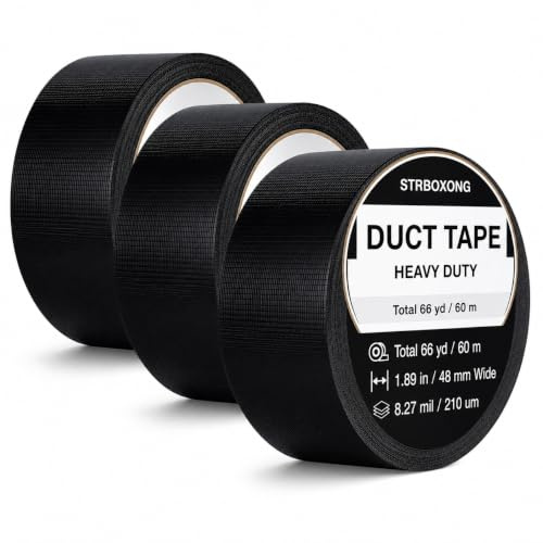 STRBOXONG Cinta Americana Negra 48 mm x 20 m, 3 Rollos, 210 Micras, Cinta Adhesiva de Tela Impermeable, Duct Tape Fácil de Cortar a Mano y Sin Residuos para Cables, Reparación, Garaje