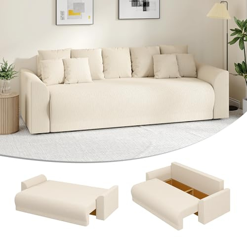 HOMCOM Schlafsofa 190x150cm 3-Sitzer mit Schlaffunktion Stauraum Beige | Schlafcouch, Breite und Tiefe Sitzfläche, 9 Kissen, Sofa, Cord-Optik, Wohnzimmer, Hergestellt in der EU