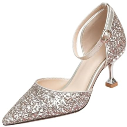 Genérico Zapatos Novia Lentejuelas Tacón Aguja Strass Punta Fina Salón | Zapatos De Novia Con Brillo Punta Fina Tacón Aguja Estrás Correa Tobillo Lentejuelas Elegantes Detalle Posterior