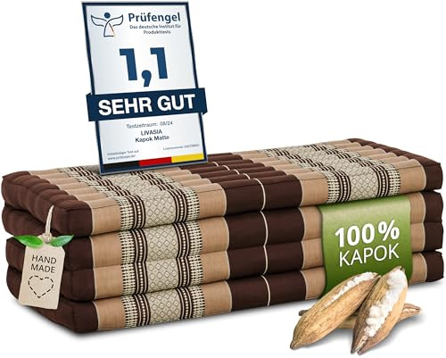 livasia Nachhaltige Klappmatratze aus Kapok - 200x110x8cm - breite Gästematratze, Faltbare Matratze, ökologische Yogamatte, klappbares Gästebett, Liege für Garten und Balkon (Braun)