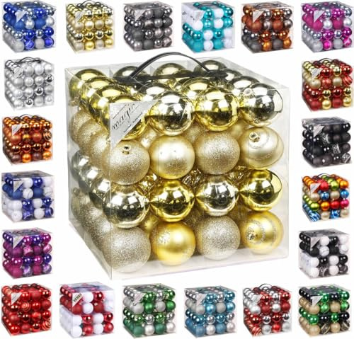 64x Kunststoff Christbaumkugeln 6cm Kugel Box Glanz Glitzer Matt Dekor Inge Glas, Farbe:Gold