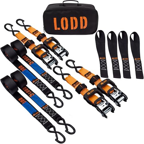 LODD - Set di 2 Cinghie di Fissaggio con Cricchetto 41mm x 3,4m - Resistenza 2000 kg - Ganci Plastificati e 2 Anelli Morbidi - Inclusa Borsa da Trasporto - Per Moto, Quad, Rimorchi e Barche