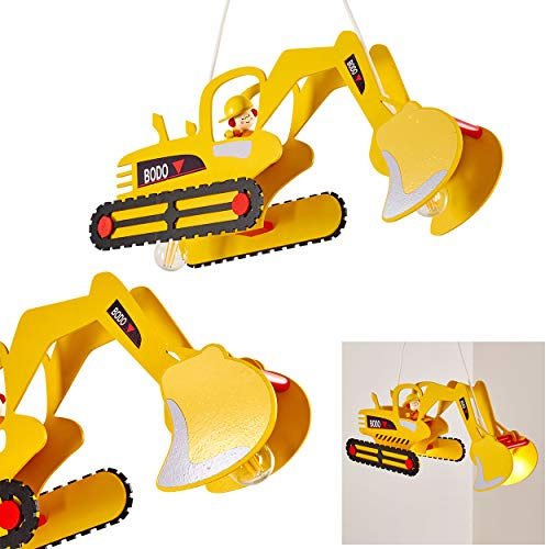 HOFSTEIN Pendelleuchte Bagger, gelbe Hängelampe aus Holz für das Kinderzimmer, Flugzeug Hängeleuchte mehrfarbig, Kinderzimmerlampe Bagger, Höhe max. 677 cm, 2 x E27