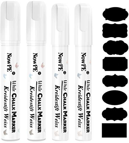 NowPE Kreidestift, 2 Stück Kreidestifte Weiß 6mm + 2 Stück Kreidemarker Weiss 10mm + 16 Tafel Labels, 6mm Mittlere und 10mm Dicke Spitze, Trocken oder Feucht Abwischbar für Tafel, Fenster und Glas