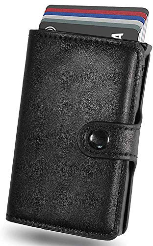 Porte Carte de Crédit Aluminium – Système Anti Chute de Carte – Protection Carte Bleue sans Contact – Blocage et Sécurité Anti piratage – Idée Cadeau Homme et Femme – Cuir Noir