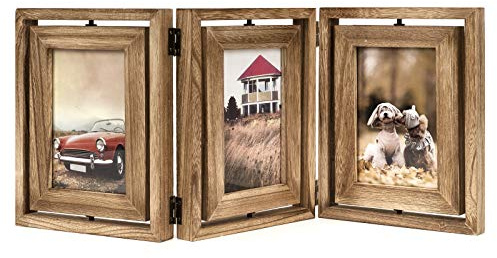 Emfogo 4x6 Picture Frame Rustic Wood Hinged Folding Triple Picture Frames Collage, Double-Sided Display Rotatable High Definition Glass Photo Frame for Home TableTop(Carbonized Black)