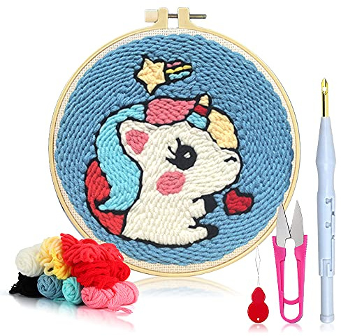 Einhornmuster Punch Needle Set, XiXiRan Punch Needle Anfänger Stickerei Set, Stanznadel Stickerei Starter Kit, mit Stickrahmen zum Sticken, für Kinder und Erwachsene, Basteln, Geschenk (Einhorn)