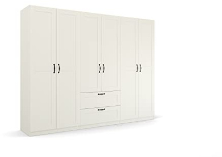 Rauch Möbel Quadra-Spin Cottage, Kleiderschrank, Farbe Weiß, Breite 271 cm | Schrank im Landhausstil, 6-türig, 2 Schubladen, für Schlafzimmer, Kinderzimmer, Wohnzimmer, Garderobe, Flur