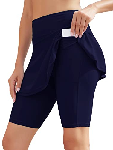 WOWENY Maillot de Bain pour Femme Jupe de Bain Femmes Bikini Shorts De Bain Jupette Elégant contrôle du Ventre, Bas de Maillot avec Poches 1-Bleu L