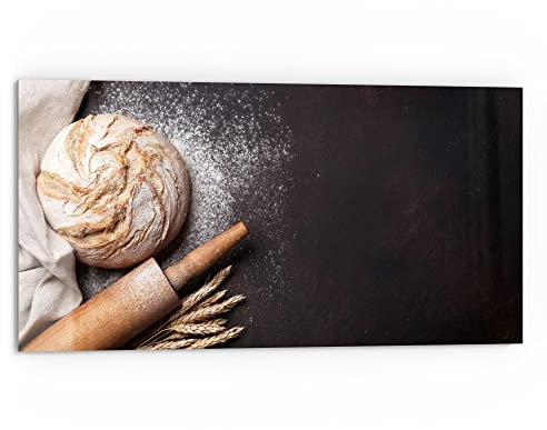 DEQORI Küchenrückwand Glas | Motiv Brot mit Nudelholz | 80x40 cm | Bad- oder Herd-Rückwand | Herdblende Spritzschutz für Küche & Badezimmer | moderne Deko für Fliesenspiegel
