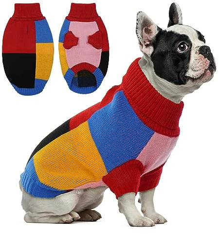 Hundepullover für kleine Hunde | gestrickter Hunde Pullover warm für Winter mit Geschirrloch und Rollkragen | gemütlicher Hundepulli für Weihnachten | Shih Tzu, Mops, Rainbow Pop M