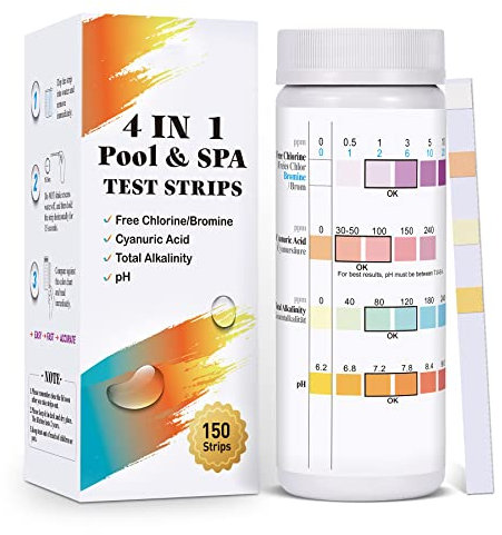 Pool Teststreifen, 150 Stück 4 IN 1 Teststreifen Pool Poolwasser Teststreifen, pH Teststreifen Pool für pH-Wert,Freies Chlor/Brom,Gesamtalkalität,Cyanursäure
