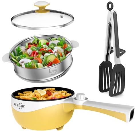 Audecook Hot Pot Electric, 1.7L Mini Electric Skillet Portable Nonstick Sauté Pan with Power Adjustment, Ramen Cooker Travel Multicooker for Steak/Soup/Egg/Oatmeal/Noodles (Tongs for Cooking Included)