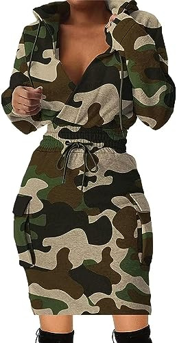 BIRW Size XL Camouflage Printing Hoodie Dress for Women 2026 Slim Casual Long Sleeve High Waist Drawstring Pullover Bodycon Sweatshirt Dresses with Pockets