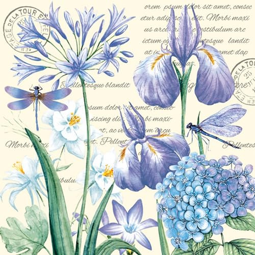 20 Servietten Blumen, Garten & Natur Lila Blumenwiese im Vintage-Stil als Tischdeko. Papierservietten mit Motiv. Auch für Decoupage und Serviettentechnik 33x33cm