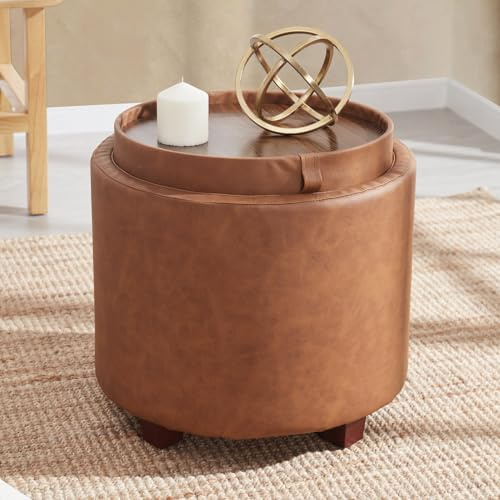Ornavo Home Lawrence Round Storage Ottoman with Lift Off Lid and Tray Lid Coffee Table, Ottoman with Storage for Living Room, Bedroom and Office, Faux Leather Cognac