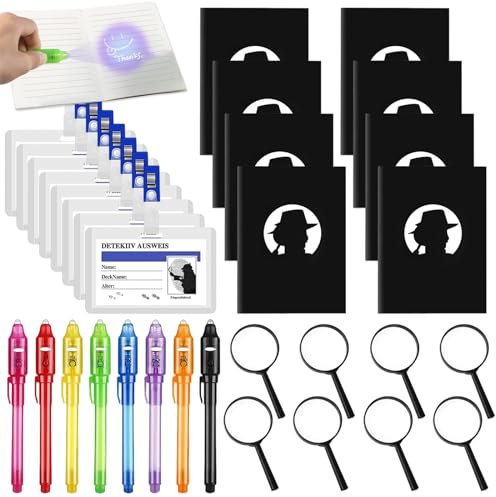 32 Stück Detektiv Set Kinder Mitgebsel Kindergeburtstag mit Lupe Kinder, UV Stift mit Lampe, Notizblock Kinder und Detektiv Id-Karte, Detektiv Geburtstag für Urlaub Geschenk Füller, Rollenspiel