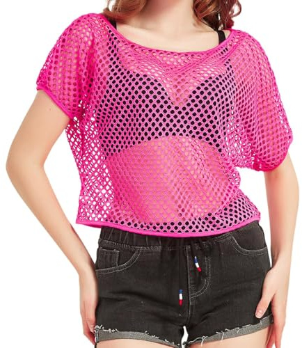 WILDPARTY 80er 90er Jahre Outfit Damen, Netzoberteil, Mesh Oberteil, Neon Shirt Aerobic Kostüm Sexy, Off Shoulder 80s Kleidung Sommertops Schlager Mottoparty Karneval Rosa XL