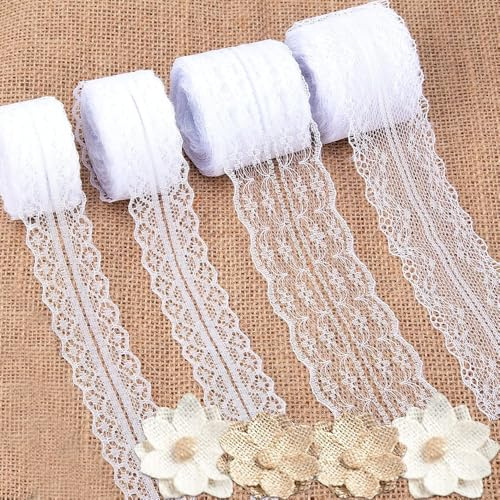 40M Spitzenbordüre Spitzenband, Spitzenband Weiß Vintage Spitze-Borten Deko Geschenkband für Hochzeit Tischdekoration Nähen DIY Handwerk