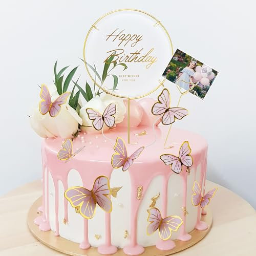 Foshird 26 Stück Schmetterling Tortendeko Geburtstag - 24stk 3D Schmetterlings, Happy Birthday Cake Topper, Herz Clip Topper - Torten Deko Mädchen Kuchen Deko für Cupcake Geburstagstorte Party