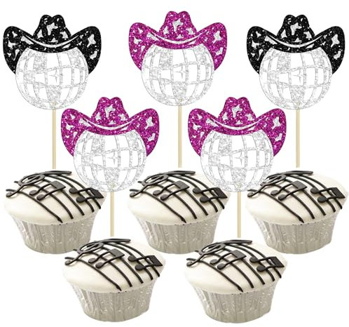 Gyufise 24Pcs 70s Disco Ball Cupcake Toppers Glitter Cowboy Hat Disco Balls Cupcake Picks Decorations for 1970s Disco Theme Birthday Party Supplies Black Rose Red Silver