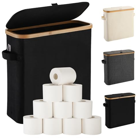Toilet Roll Holder Storage Stand, Toilet Roll Storage Basket with Lid for Mega Roll, Bamboo Toilet Paper Storage Holder Organiser Free Standing for Bathroom Cabinet, Toilet Roll Storage Box, Black