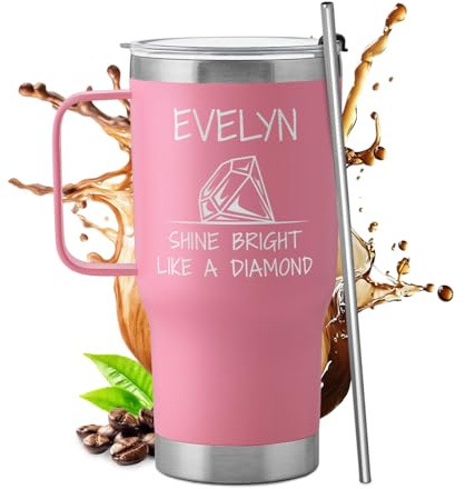 Maverton Rosa 600 ml Thermobecher mit Griff, Trinkbecher mit Deckel | Und Strohhalm, Edelstahl Kaffeebecher to go 100% dicht, Geschenke für Frauen zum Geburtstag, personalisierte Geschenke