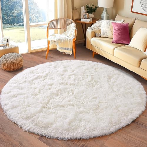 BSGIFT Teppich Hochflor Rund 100 cm Creme, Shaggy Langflor Teppich Wohnzimmer Flauschig, Modern Wohnzimmerteppich Bettvorleger High-Pile Carpet rutschfest für Schlafzimmer Kinderzimmer