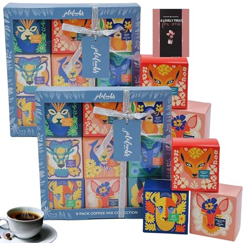 2Pk JOLAFUNBS Coffee Gifts for Men & Women Instant Coffee Selection Safari 9pk Coffee Gift Set Hamper with Ribbon & Card - Christmas, Birthday, Valentine Couple Gifts, Dad, Mom, Grandparents, Friends