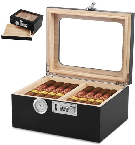 Humidor in legno con serratura, cassetto, serratura a combinazione, sigari, umidificatore in legno di cedro con igrometro digitale, accessorio regalo per uomini (20-35 sigari)
