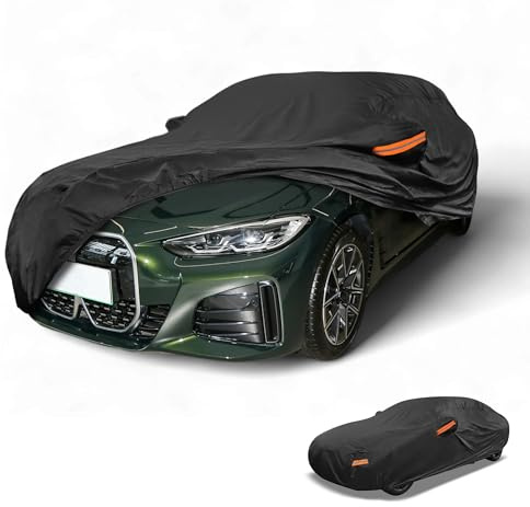 Partuto 190T-PU Black Full Car Cover for BMW I4 Right Side Zipper | All-Weather, Waterproof, UV-Resistant, Outdoor Full Exterior Protection, Right Side Zipper