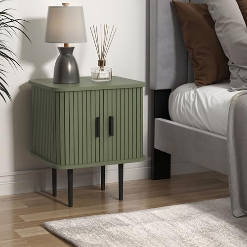 Galano Stanney Side Table – 2 Sliding Doors – Modern Minimalist Storage Cabinet for Hallway, Living Room or Bedroom – Space-Saving End Table – Kale Green