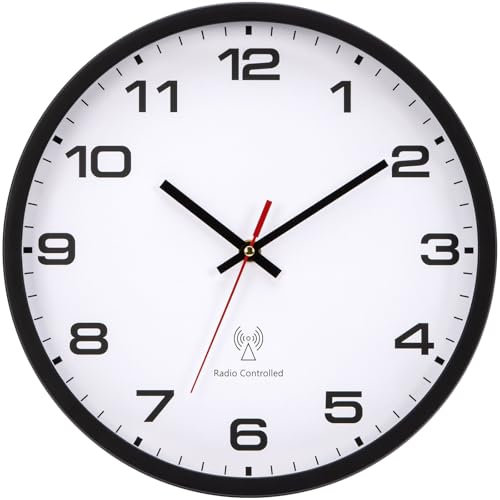 NESIFEE Horloge murale radio-pilotée - Noir et blanc - 25 cm - Fonctionne avec piles - Vintage - Moderne - Pour cuisine, chambre à coucher, salon, enfants