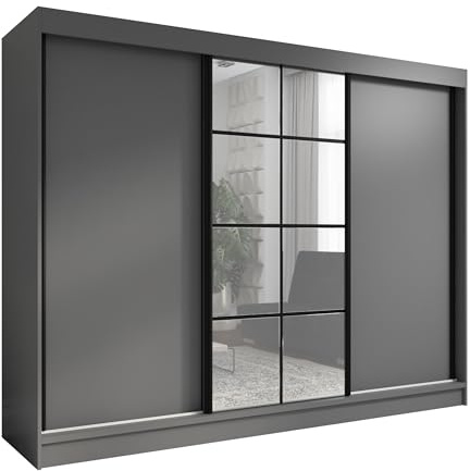 A&J MöbelLand Schwebetürenschrank ORAVELLE Kleiderschrank 3-türig mit Schubladen und Spiegel Garderobenschrank 200 cm (Graphit)