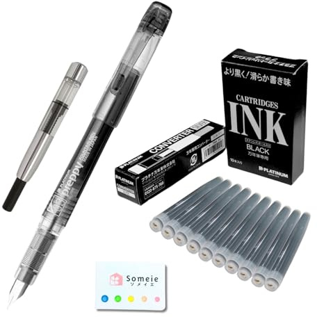 Someie Fountain Pen Set ｜Preppy Fine Nib 0.3mm Black (PSQ-300#1-2) ＆ Converter Silver (700A) ＆ 10 Black Ink Cartridges (SPSQ-400#1) ＆ 5 Colors Sticky Notes
