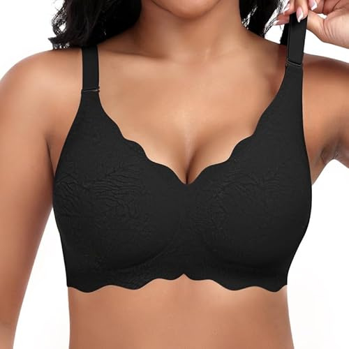 Jiuday Damen BH ohne Bügel Spitzen Soft BH Große Brüste Starker Halt Push Up Bügelloser BHS Gepolstert Seamless Bequemer Nahtloser Bra V-Ausschnitt Bralette (#1 Schwarz,2XL)