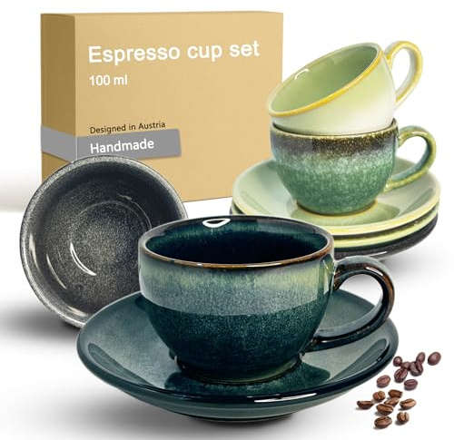 OndaCore Espressotassen Set mit Untertassen 100ml, 4er Set bunt, handgefertigte Steingut Kaffeetassen, spülmaschinenfest, mikrowellenfest, Keramik Espressobecher, Mokkatassen