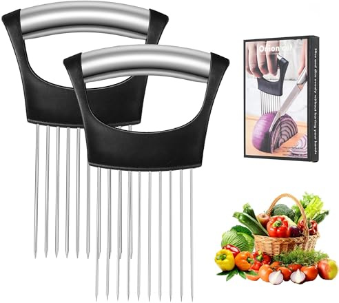 2 Pcs Onion Holder for Slicing, Stainless Steel Onion Slicer | Vegetable Holder, Kitchen Cutting Tool for Onions, Tomatoes, Potatoes