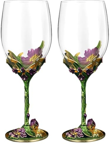 BOSREROY 2 bicchieri da vino, design floreale con stelo, in cristallo di qualità, eleganti bicchieri con piede verde iris, regali e occasioni speciali ideali per