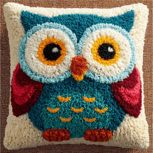 Kitquiver Knüpfhaken Kissen Kits Für Kinder,Eule Diy Knüpfteppich Zum Selber Knüpf-Sets Kissenbezug Teppich Stickerei Set,Latch Hook Kits 43X43Cm