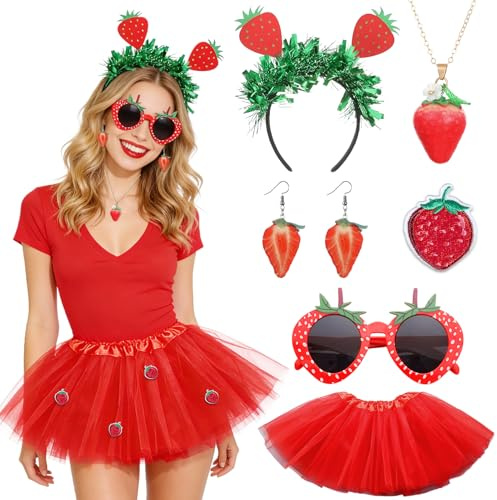 Znnhnn Disfraz de Fresa para Mujer,Capa Estampada+Gafas de Fresa+Sombrero,Disfraz de Fresa Unisex para Adultos,Disfraz de Fruta para Carnaval,Fiesta de Disfraces de Halloween (Rojo-A-Mujer)