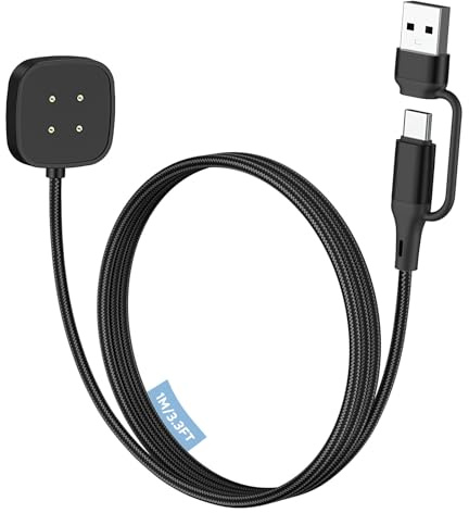 MoKo 2-in-1 Ladegerät für Fitbit Versa 4/Versa 3/Sense 2/Sense, USB A/C LadeKabel Ladestation für Google Pixel Watch 3/2, Magnetische Charger Cable Dock für Fitbit Watch, Schwarz