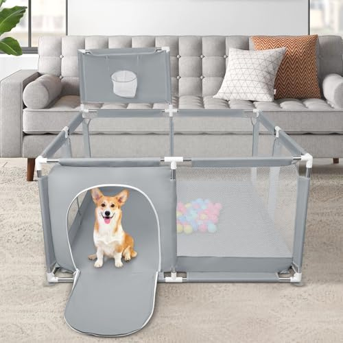 Welpenlaufstall mit Tür, Laufstall für Welpen oder kleine Hunde, maschinenwaschbar, innen/außen (126 x 126 x 66 cm – Dunkelgrau)