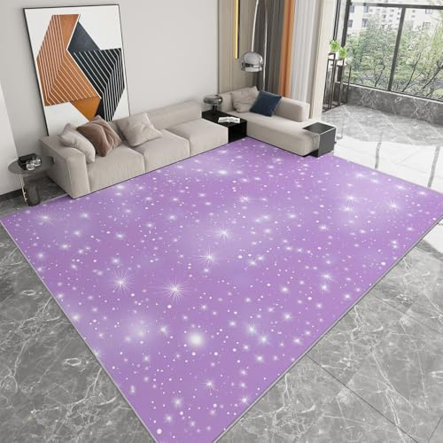 Tappeto Lavabile Antiscivolo 100 x 160 cm Stile Cartoon con Moderna, Tappeto a Pelo Corto Sognante Lilla Chiaro Cielo Stellato Righe per Soggiorno Camera da Letto Ufficio Cameretta Facile da Pulire