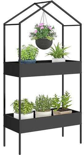 Outsunny 2-Etagen Pflanzenständer in Hausform 150 cm hoch Schwarz | Blumenständer mit Haken, Metall Pflanzenregal, Mehrstöckig Blumentopfständer, Blumenregal für Garten Balkon, Deko