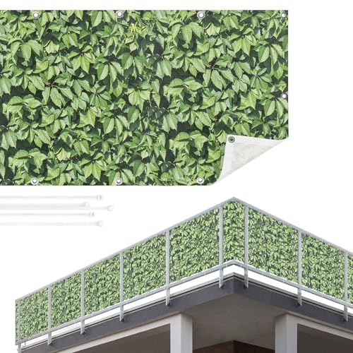 Balkon Sichtschutz Blätter 75 x 100 cm inkl. Kabelbinder Wetterfest Blickschutz Balkonverkleidung Balkonbespannung Sonnenschutz Balkongeländer Windschutz Terrasse Garten Deko Ideen Grün TEXBS_1087