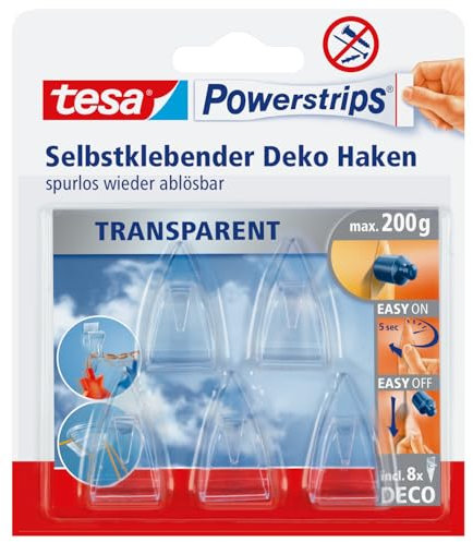 tesa Powerstrips DECO Haken SMALL - Klebehaken für Deko an Glas und Spiegel - bis zu 200 g Haltekraft
