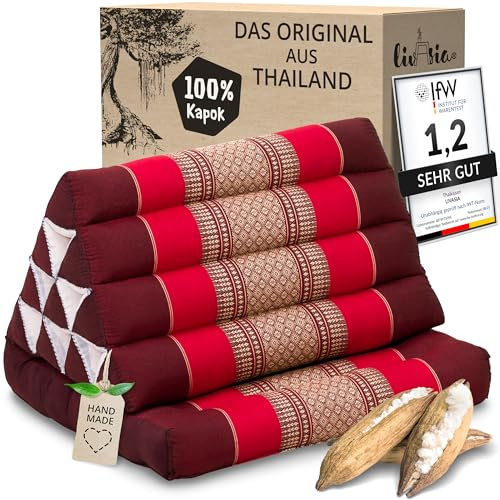 livasia Thaikissen mit 1 Auflage - 75x50x8cm - Dreieckskissen mit Sitzkissen, Keilkissen mit Kapok, Rückenkissen faltbar, Thaimatte zum Klappen, handgefertigt, Meditationskissen (Rubinrot)