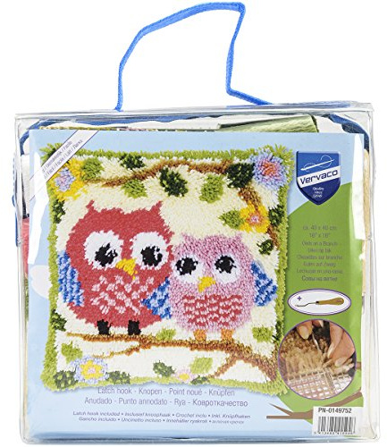 Vervaco Kit Point Noué Á Faire Coussin Broderie Debutant DIY CHOUETTES SUR BRANCHE Latch Hook Kit Complet Decoration Maison Manuelle Loisir Créatif ca. 40 x 40 cm Embroidery
