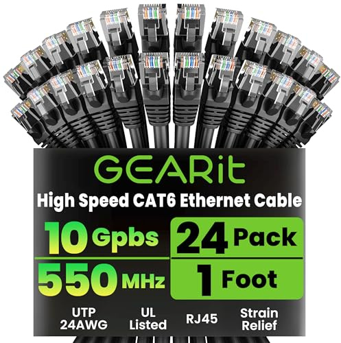 GEARit Cat 6 Ethernet Patch Cables 1 ft Black (Cat 6 Ethernet Cables 1 ft 24-Pack), CAT6 High Speed 24AWG 10Gbps RJ45 Snagless Gold-Plated, Ethernet Cable for Router, Switch, PC, PS5 Gaming, Server